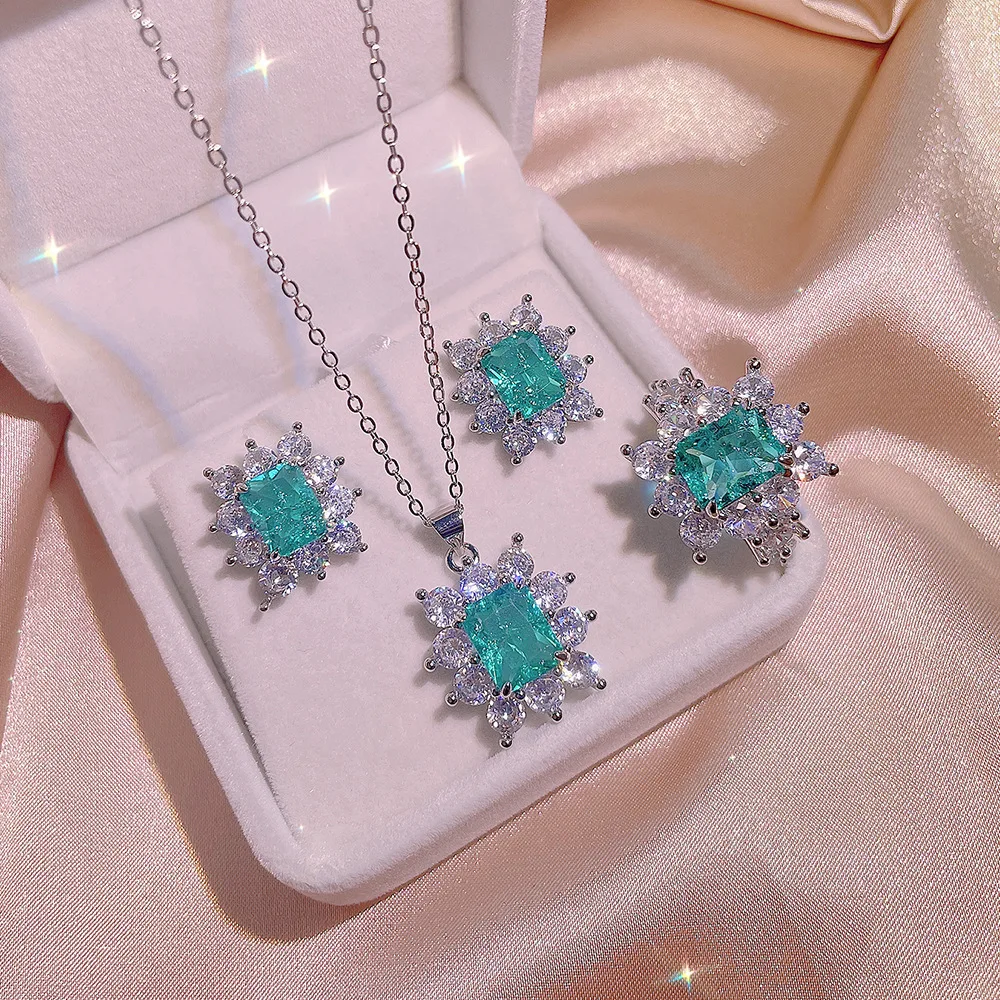 2022 NEW Luxury Paraiba Emerald Flower Pendant Necklace Earring