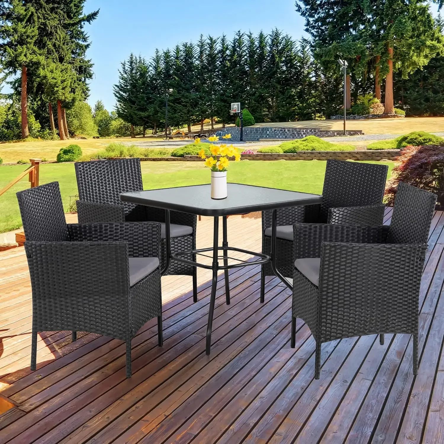 

Outdoor Patio Furniture 5-Piece Indoor Outdoor Wicker Dining Set, Square Tempered Glass Top Table with Umbrella Hole and 4 Chair