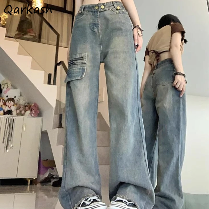 

Full-length Jeans Women Pocket Straight Popular Distressed Vantage Washed High Waist Streetwear Leisure Daily Harajuku Lovely