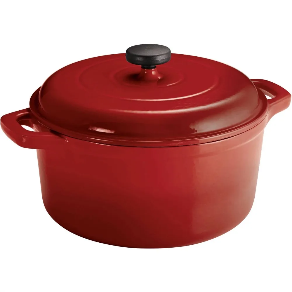 

Cast Iron 6.5 Quart Round Dutch Oven Red Compatible with Gas and Induction Cooktops Off White Porcelain Enamel Finish