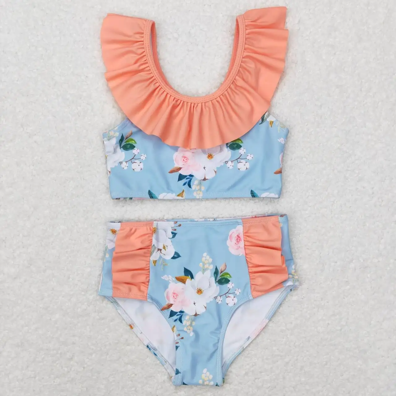 

wholesale hot sale new product baby girls clothes Teal swimsuit with floral pink lace western boutique kids smimming