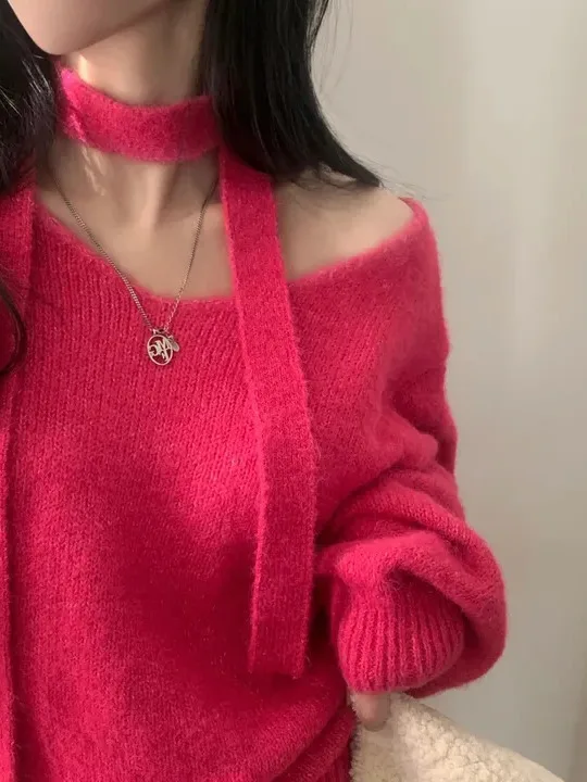 Chic Winter Knitted oulder Bared Long Sve Loose Fit One oulder Design Warm Soft Sle Commute Faion Women's Sweater