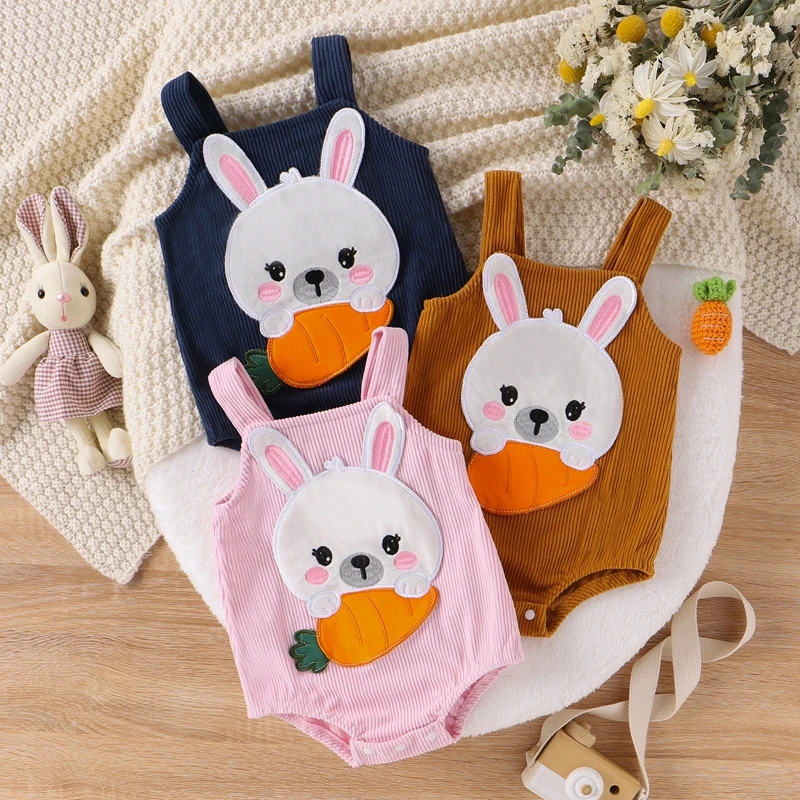 

Newborn Baby Girl Boy Easter Outfit Romper Cartoon Bunny Carrot Embroidery Romper Overall Infant Clothes