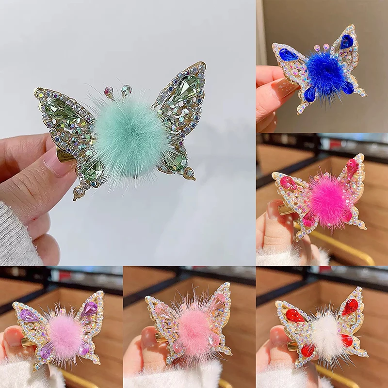 여성용 3D 이동식 나비 머리핀, 우아한 라인석 헤어 클립, 모피 볼 바레트, 머리 장식, 헤어 액세서리