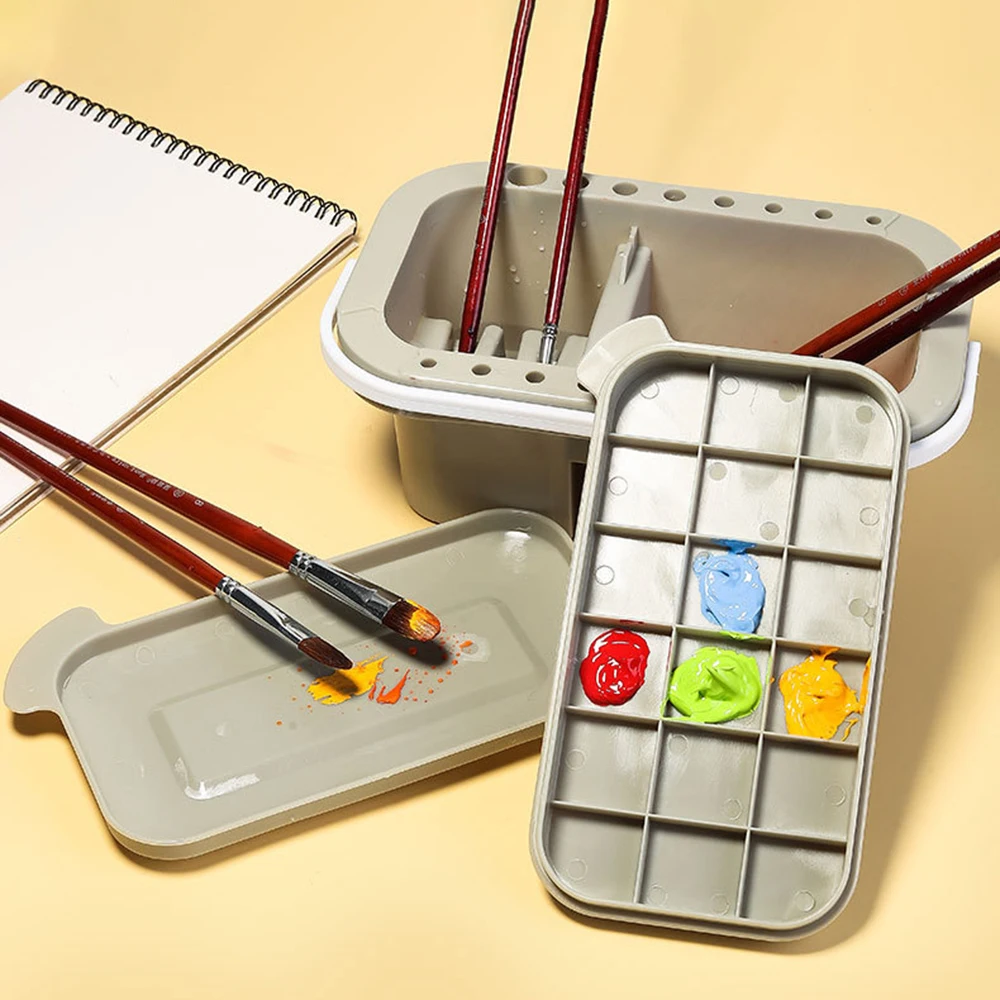 16 Hole Multi-Function Paint Brush Washer Cleaner and Holder 18 Palette Wells Lid Plastic for Cleaning Acrylic Watercolor