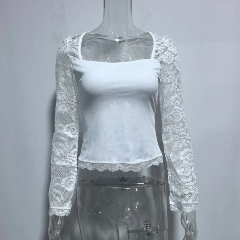 Sexy Club Lace Patchwork Slim Tshirts Women Square Neck Long Sleeve Mesh Semi-see-through Elegant T-Shirt Party Club Tees