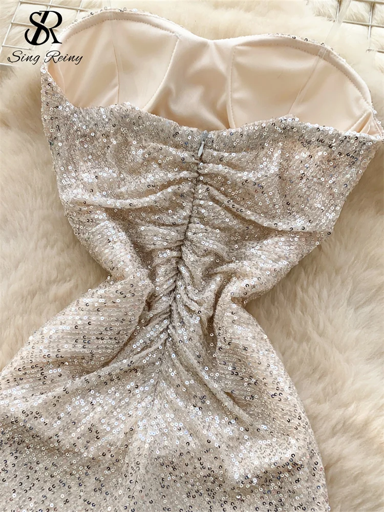 SINGREINY Senior Elegant Strap Dress Strapless Zipper Sequins Shinny Sundress Ruched Sheath Split Chic Women Evening Party Dress 4