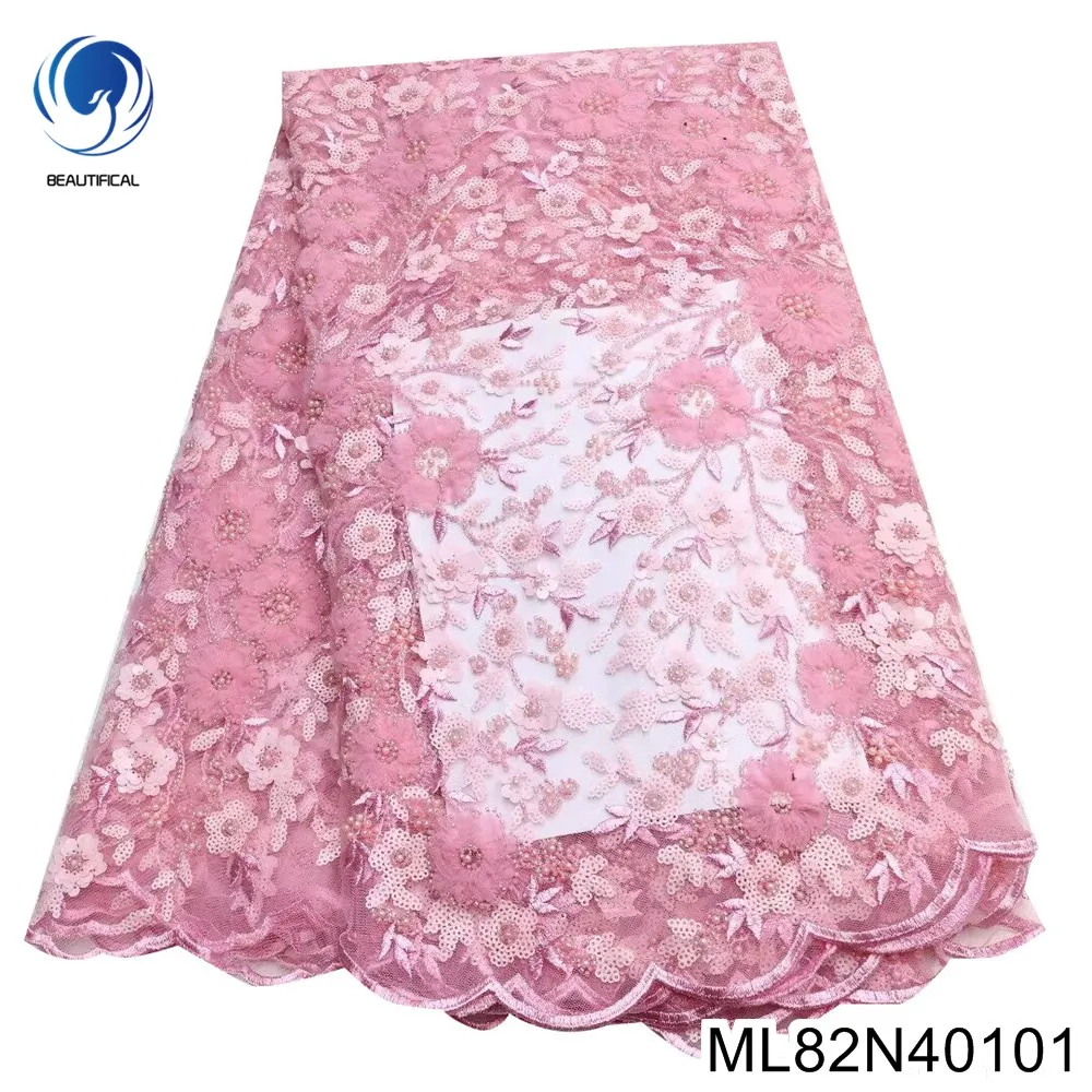 

Small Fresh Pink Handmade Bead Mesh Lace African Sequined Embroidery Tulle Cloth Fabric Wedding Dress ML82N401