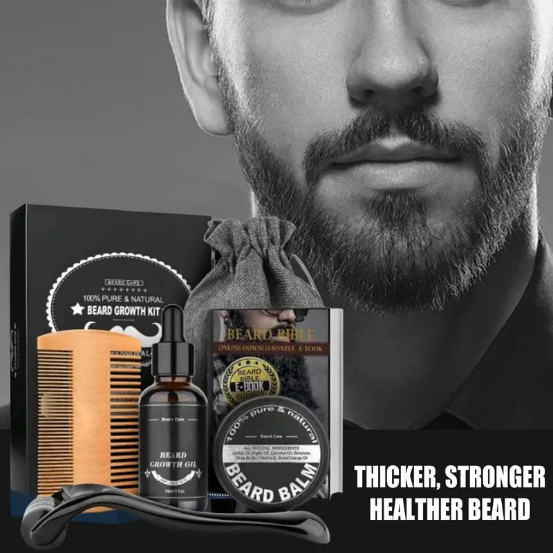 5pcs Beard Growth Kit Hair Growth Enhancer Thicker Oil Nourishing Leave-in Conditioner Beard Growth Solution Beard Cream comb