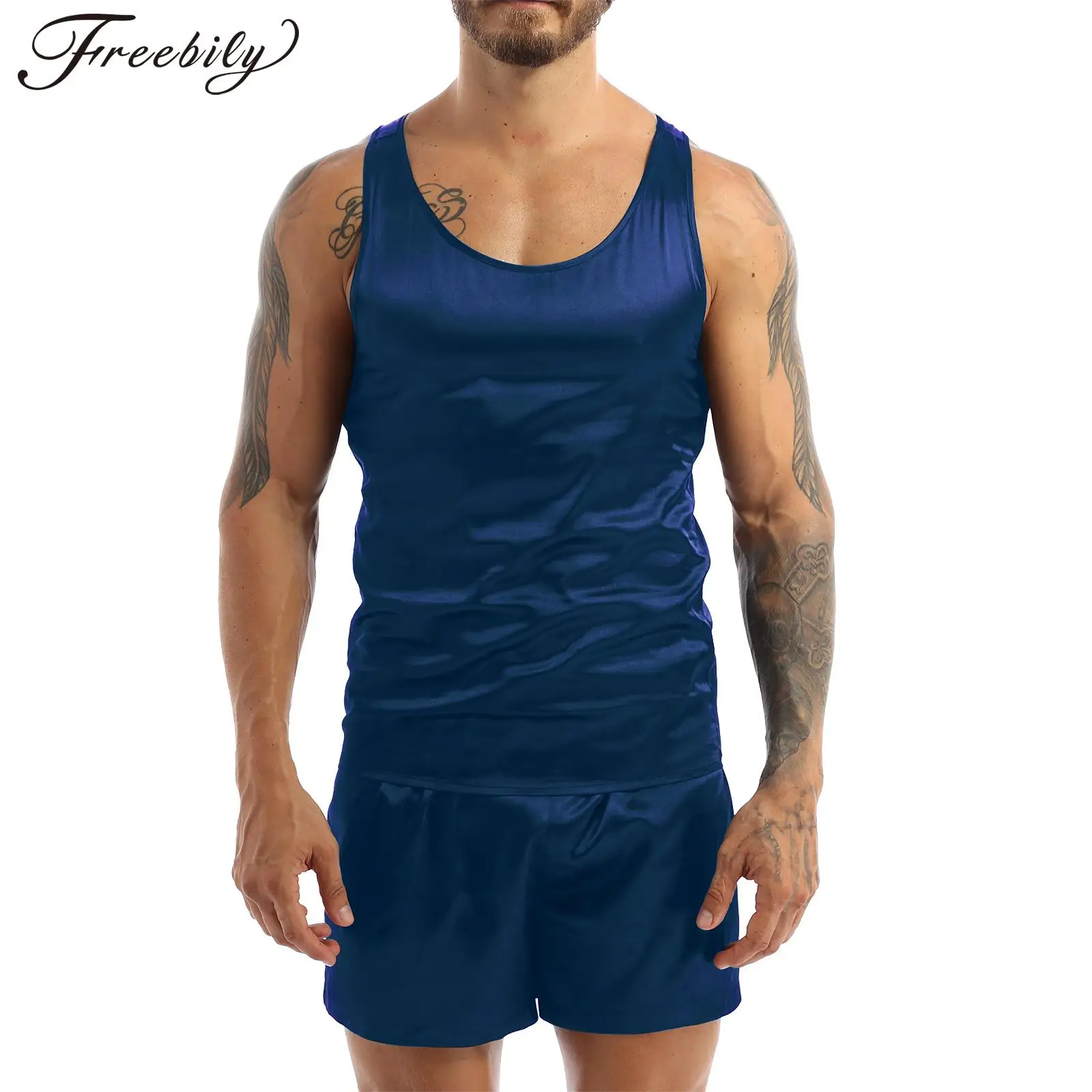 Fashion Men's Pajamas Set Summer Satin Male Sleeveless Tank Top Shorts Sleepwear Loungewear Nightwear Homesuit Casual Homewear
