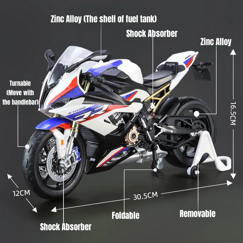1/9 BMW S1000RR Racing Toy Motorcycle For Children Diecast Metal Large Size Model Super Racing Lightable Collection Gift For Boy 2