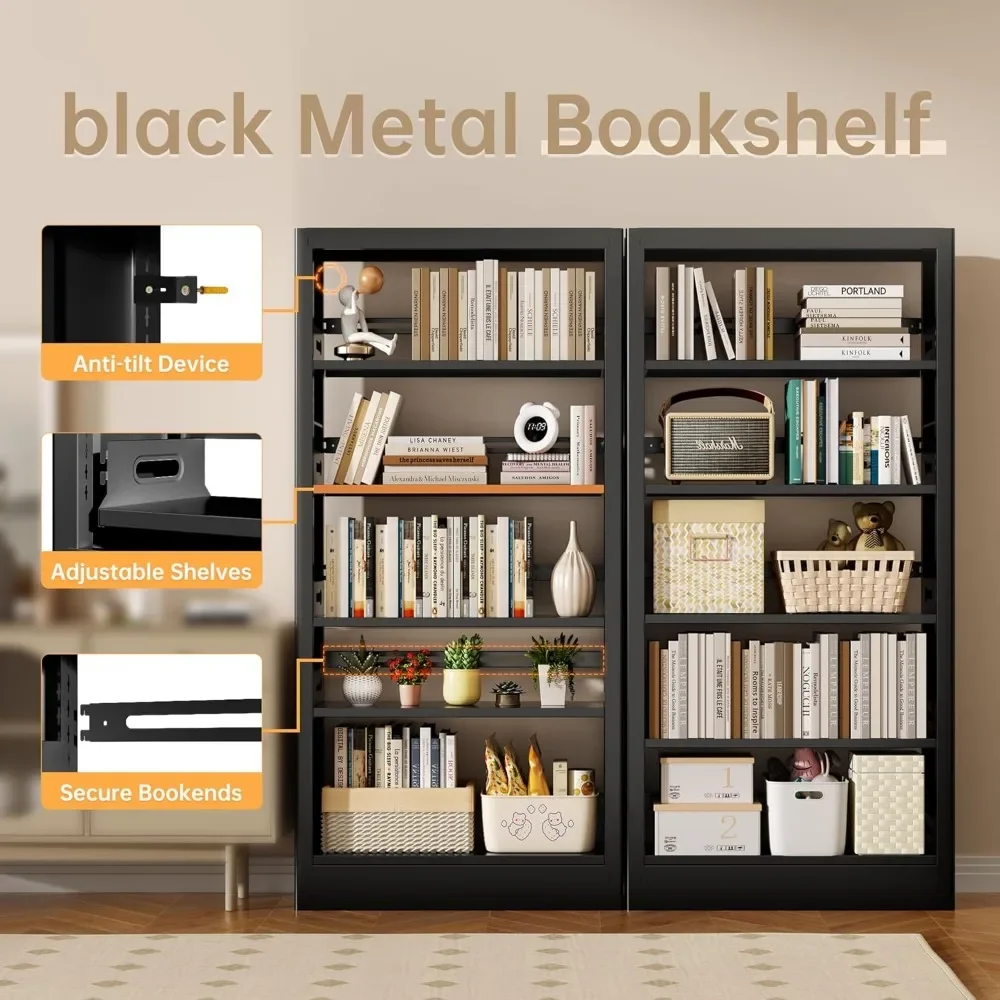 5-Tier Bookcase with Adjustable Storage Shelves, Metal Bookshelf with Book Stopper, Bookcase Shelf for Library, Office 3
