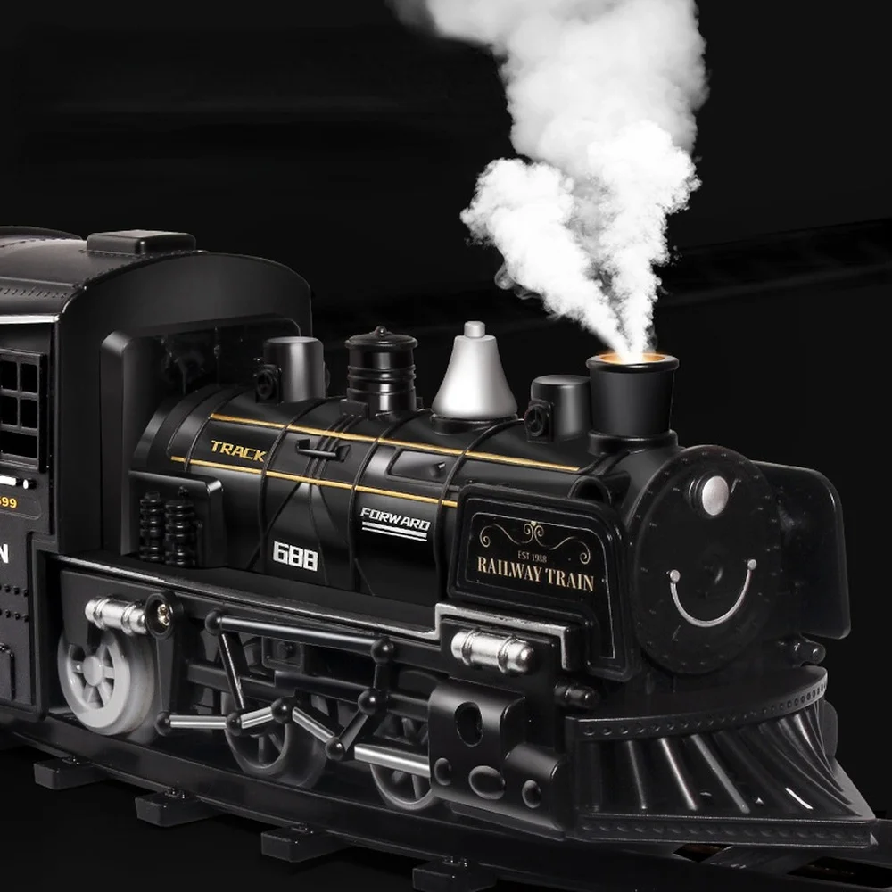 Simulation Steam Train Model Railway Classical Railway Freight Electric Train Track Toy Boy with Smoke Children's Gift