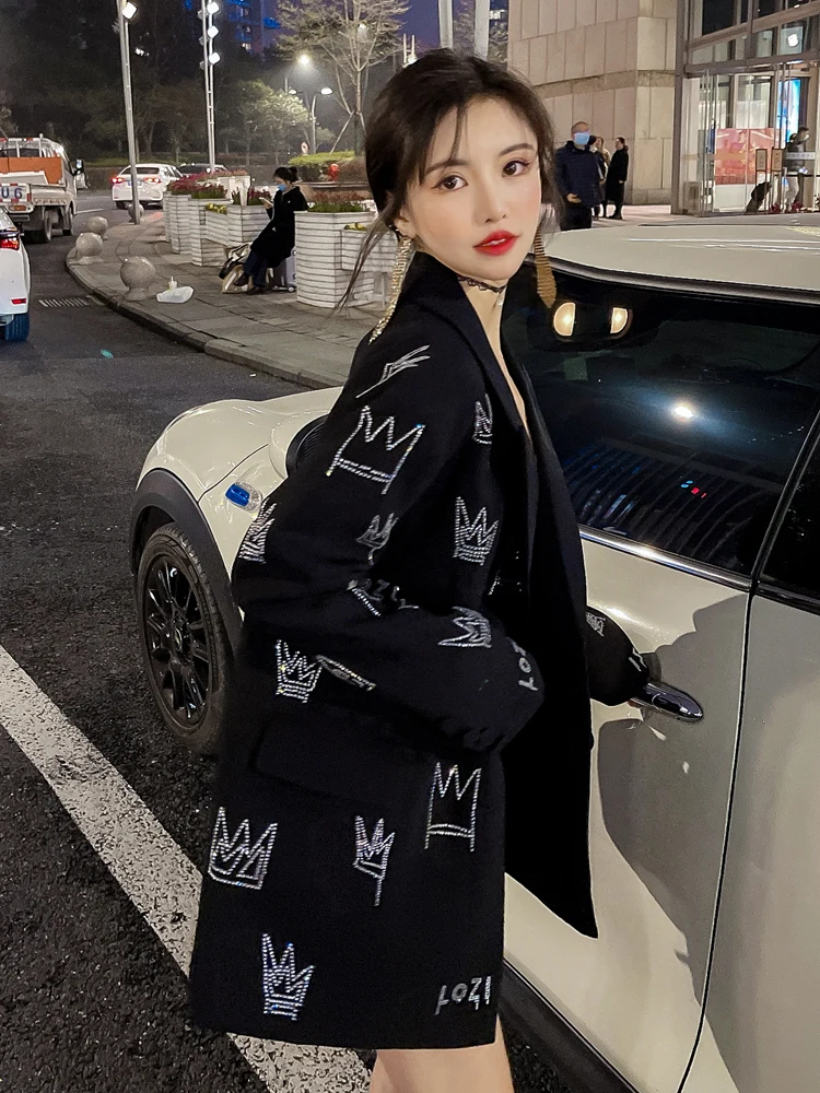 Trendy Black Suit Coat 2022 New Spring Autumn Loose Crown Hot Drilling Mid-long Blazers Elegant Long Sleeve Streetwear Jackets