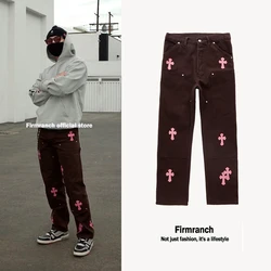 Firmranch New Leather Pink Cross Jeans For Men/Women 2021 High Street Jeans Brown Straight Stacked Jeans Denim Moto