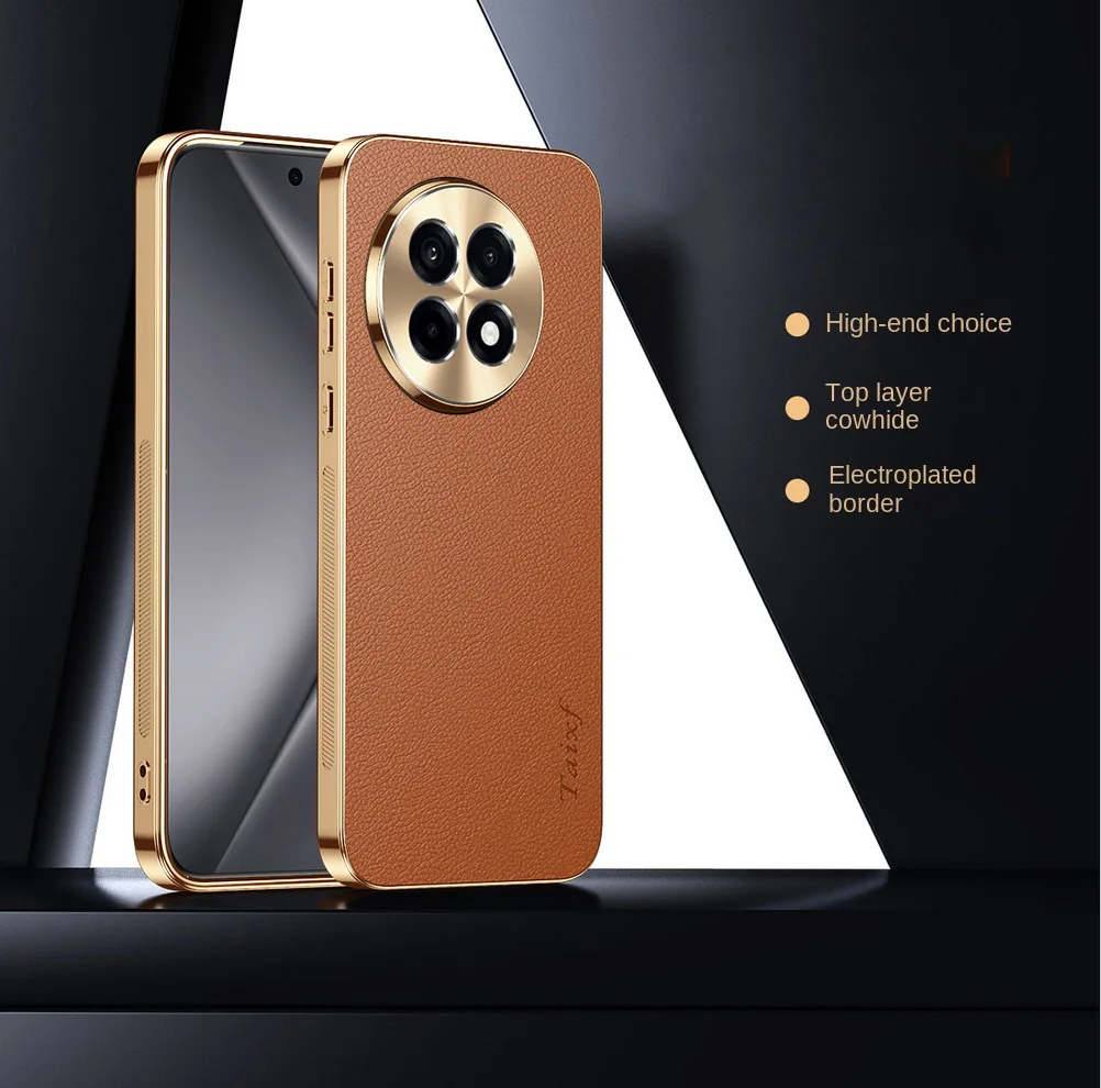 Premium Cowhide Lychee Texture Electroplated Frame Case with Lens Protection