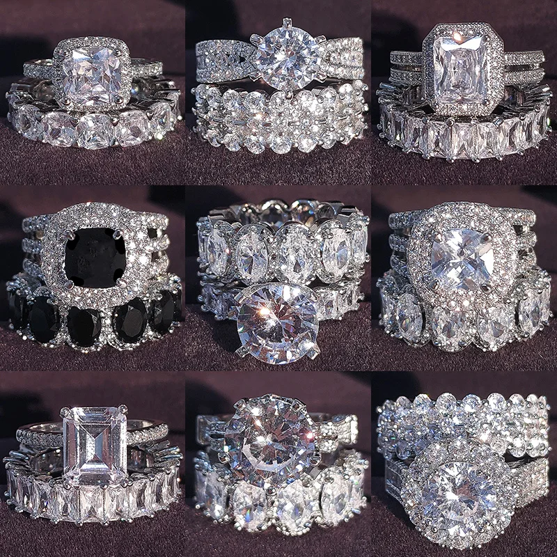 Green Pink Luxury Silver Color Oval Princess Cut Wedding Ring Set For ...