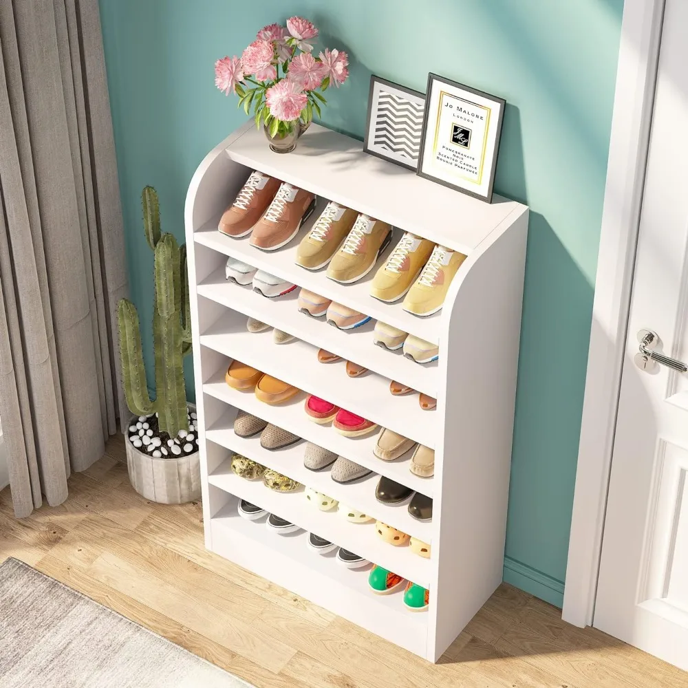 Shoe Rack, 8-Tier Tall Shoe Shelf, Wooden Storage Cabinet, White
