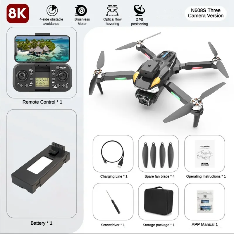 N608S 미니 드론 완구, 8K 브러시리스 3 카메라 광학 흐름, 5G 와이파이 FPV 4K 듀얼 카메라 드론, RC 쿼드콥터 드론