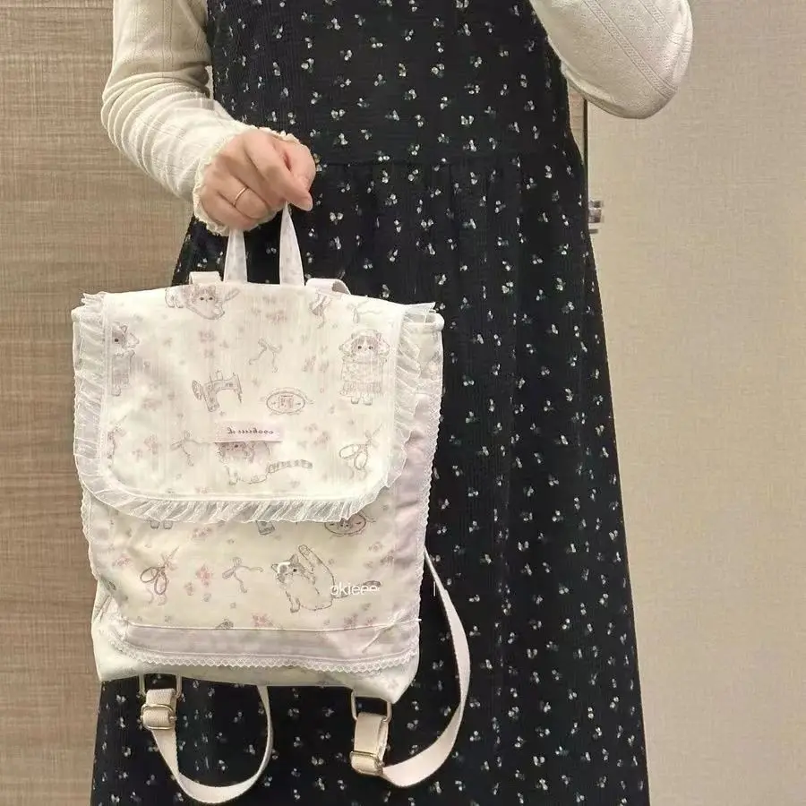 JIAERDI Sweet Cat Print Canvas Backpack Women Fairycore Aesthetic Lace Large Capacity Backpacks Girls Harajuku Kawaii Mochila