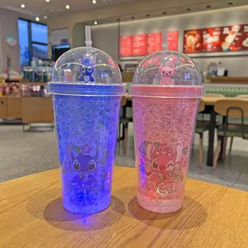 귀여운 디즈니 스티치 빨대 컵, 더블 레이어 플라스틱 컵, 가벼운 어린이 휴대용 만화 빨대 컵, 생일 선물, 450ml 상품 이미지
