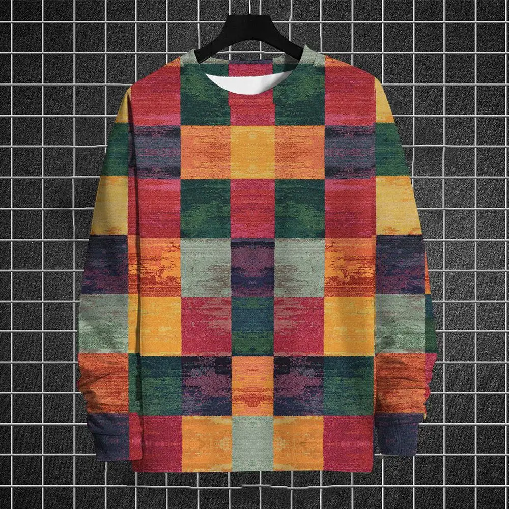 thumbnail image 1 of Suéter de otoño e invierno para hombre con estampado 3D de rayas de colores a cuadros, ropa informal deportiva de calle a la moda para hombre, 1 of 5