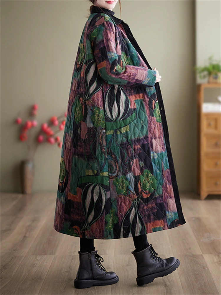 Cotton Coat Ethnic Style Long Sleeved Vintage Single Breasted Women Winter Patchwork Casual Loose Medium Length Print Outerwear