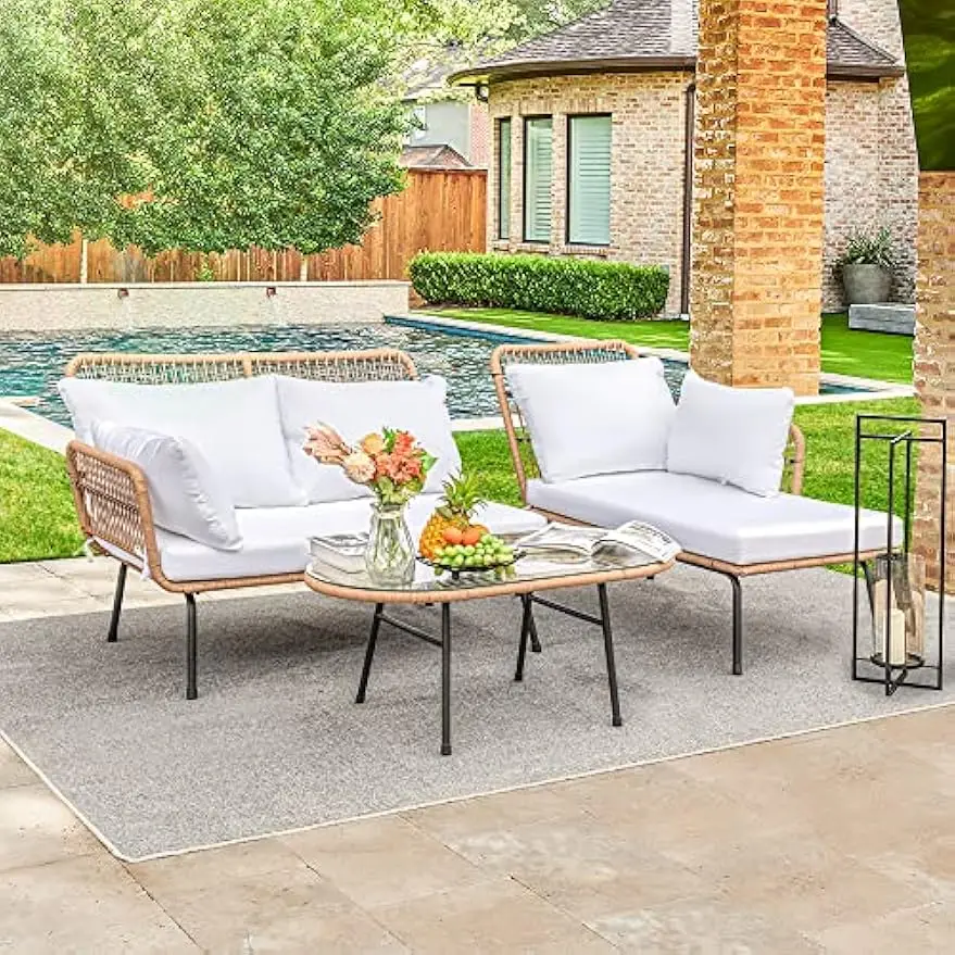 Outdoor L-Shaped Rope Sofa Set with Table & Cushions, White Patio Furniture for Backyard/Porch