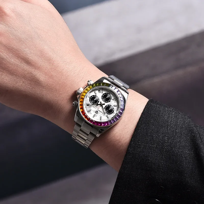 PAGANI DESIGN PD-1644 Rainbow Bezel Sport Watch Men Quartz Stainless Steel 100M Waterproof Mens Watch VK63 Sapphire Chronograph