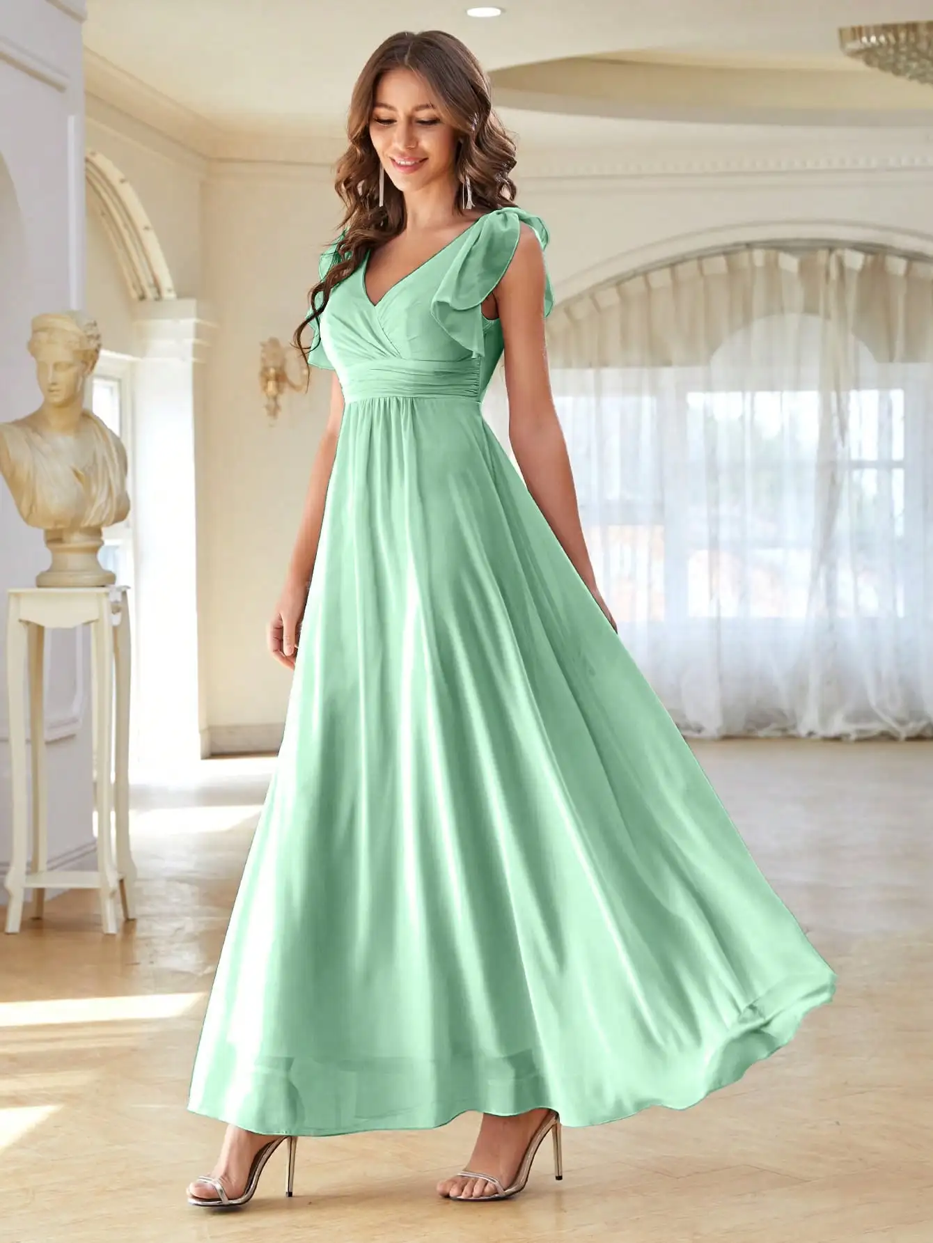 Unithorse Solid Ruffle Trim Chiffon Bridesmaid Dress