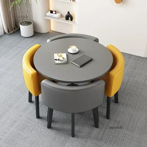 Conjunto de mesas de jantar redondas nórdicas, móveis para sala de jantar, cozinha, conjunto de mesa de jantar com 4 cadeiras, luz para casa, mesas centrais de luxo 23