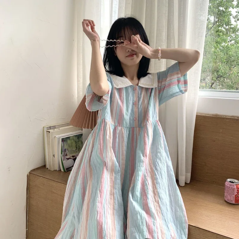 

Chic Fashion Sailor Collar Short Sleeves Women Dress 2024 New Colored Stripes College Style Loose Dresses Female Party Vestidos