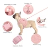Warm Winter Dog Harness Leash Set Cute Bowknow Puppy Small Dog Vest Harness Soft Fur Collar Vest With Bowtie For Pug Yorkie Pink 4