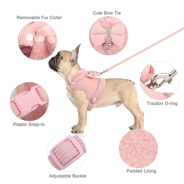 Warm Winter Dog Harness Leash Set Cute Bowknow Puppy Small Dog Vest Harness Soft Fur Collar Vest With Bowtie For Pug Yorkie Pink 4