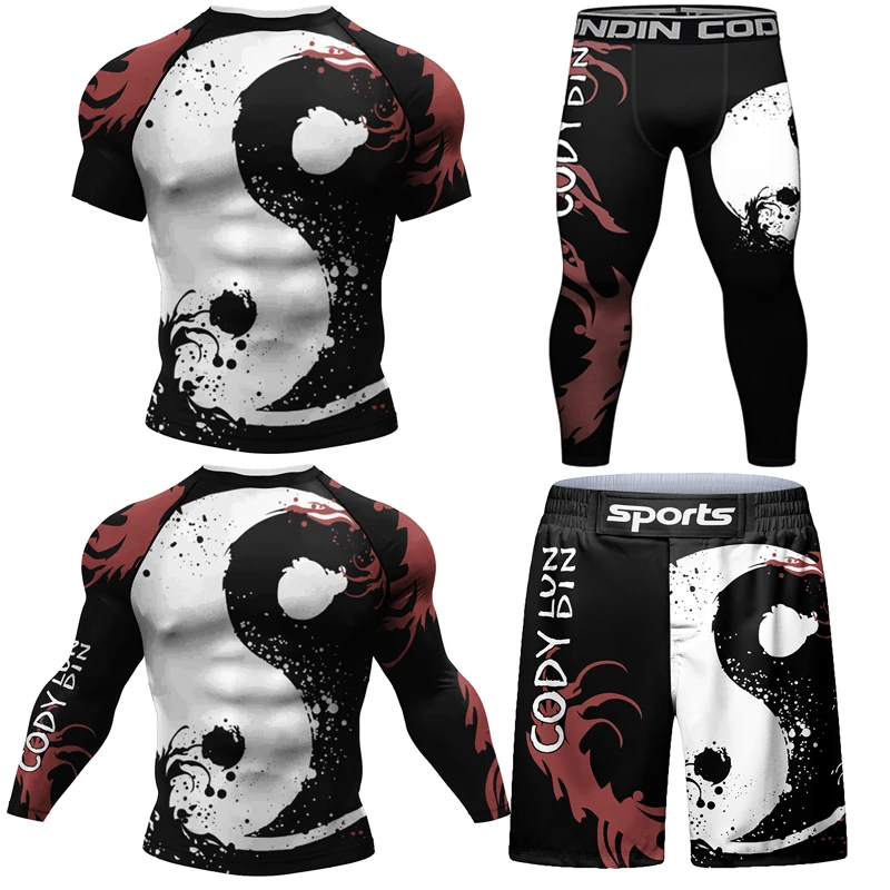 Sports Rashguard Jiu jitsu MMA Compression T-Shirt + Pants Sets Blank Surf Polyester Sublimation Rash Guard Boxing Sportsuits