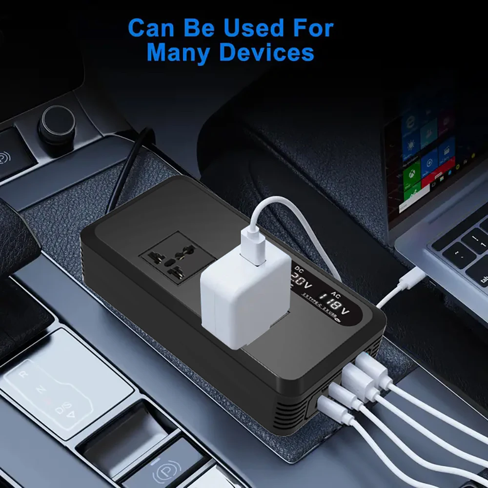 DC 12V에서 AC 110V/220V 200W 자동차 인버터 PD+QC3.0 듀얼 타입 C+2 USB 포트 휴대폰 충전기 시거잭 전원 어댑터 유니버설
