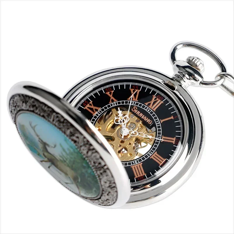 레트로 엘크 디자인 Steampunk 핸드 와인딩 기계식 회중 시계 남성용 여성용 전체 헌터 시계 (포브 체인 로마 숫자 포함)