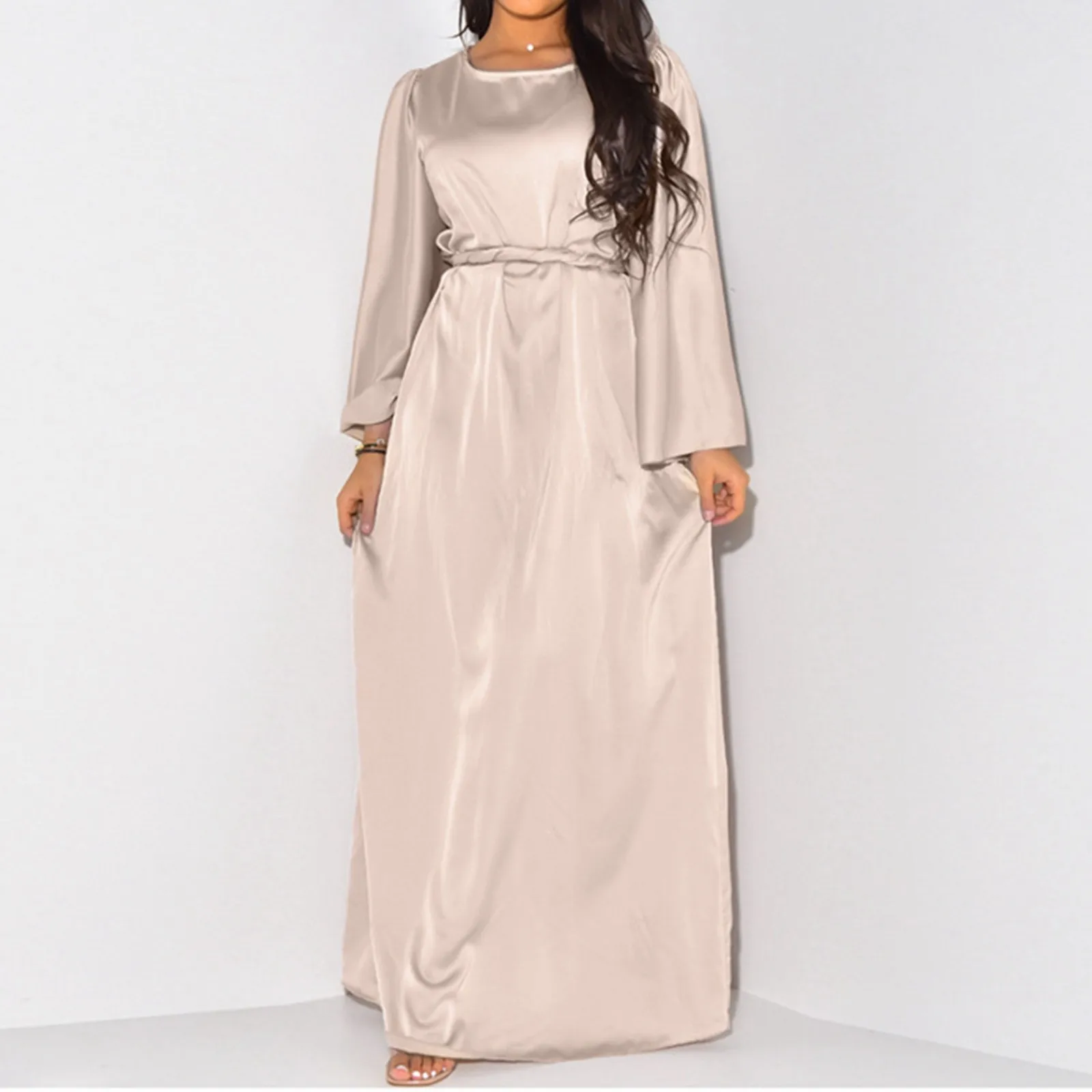 

Elegant Solid Colour Satin Gown Dresses Women's Temperament Long Sleeved Waisted Tie Long Dresses Plus Size Loose Dresses