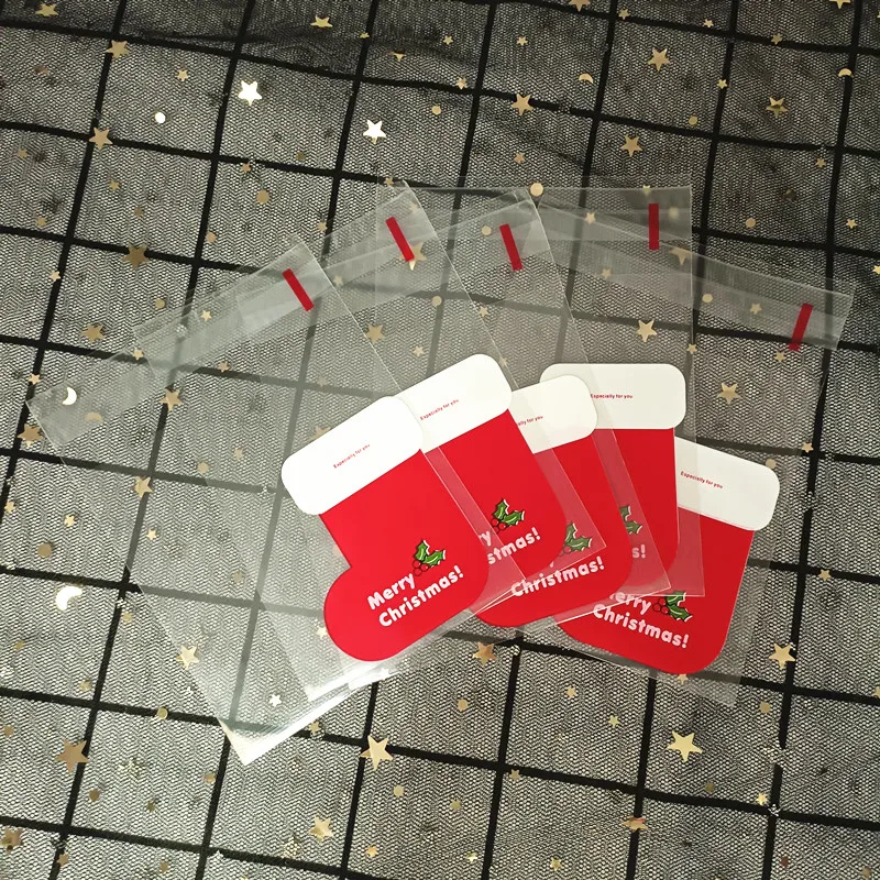 Merry Christmas Boots Pattern Candy Cookie Bags Xmas Wedding Birthday Party Self-adhesive Plastic Biscuit Packaging Gift Bags