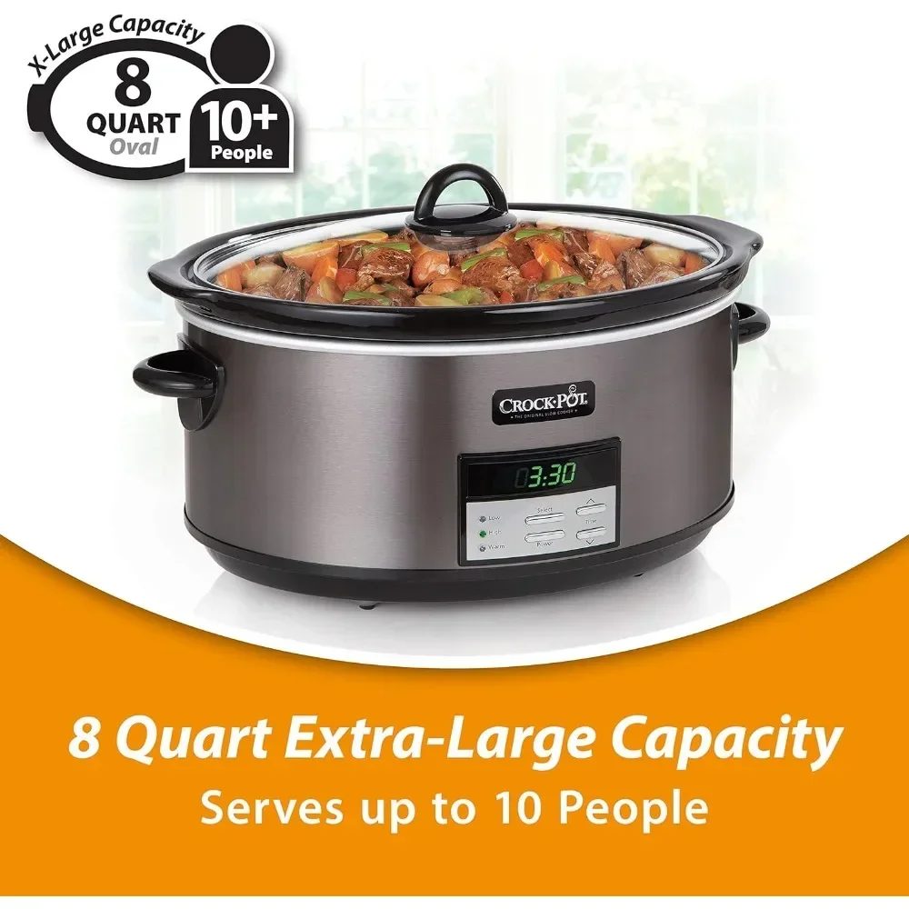 Large 8-quart programmable slow pot with automatic heating setting and formula, black, stainless steel slow pot 4
