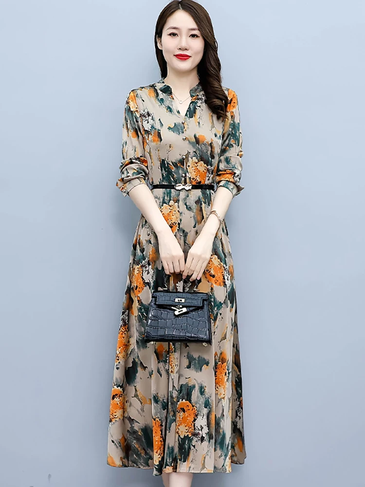 2024 Floral Acetate Satin Casual Long Robe Vintage Women Runway Prom Night Dress Spring Autumn Elegant Bodycon Party Midi Dress