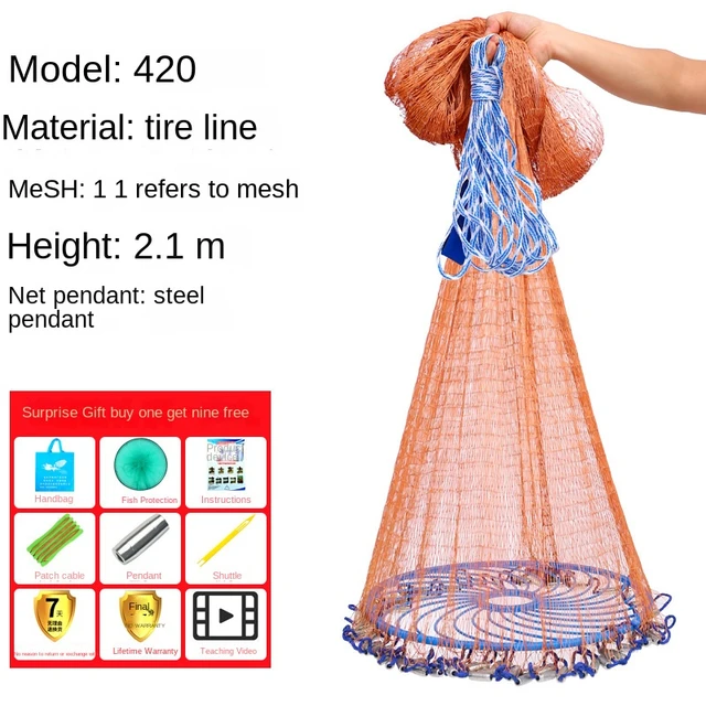 Monofilament Fishing Net Aluminum Ring Style Hand Throw Landing Network  With Steel Pendant