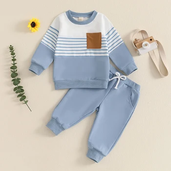 Kids Baby Boys 2-piece Outfits Autumn Activewear Long Sleeve Stripes Sweatshirt and Elastic Waist Sweatpants Sets 1