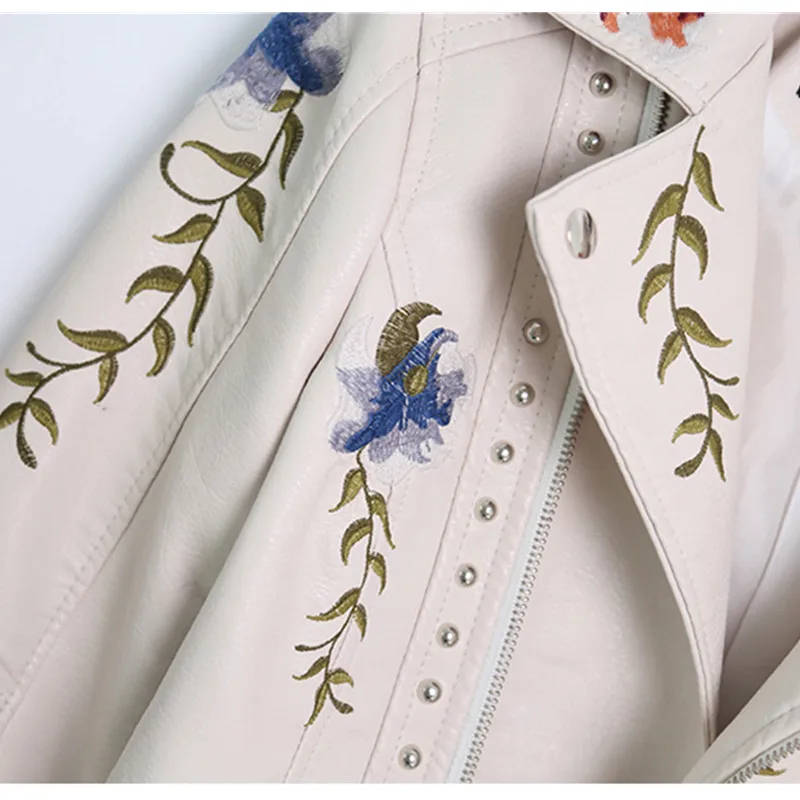 New Women Retro Floral Print Embroidery Faux Soft Leather Jacket Coat Turndown Collar Pu Biker Black Rivet Punk Outerwear A1008