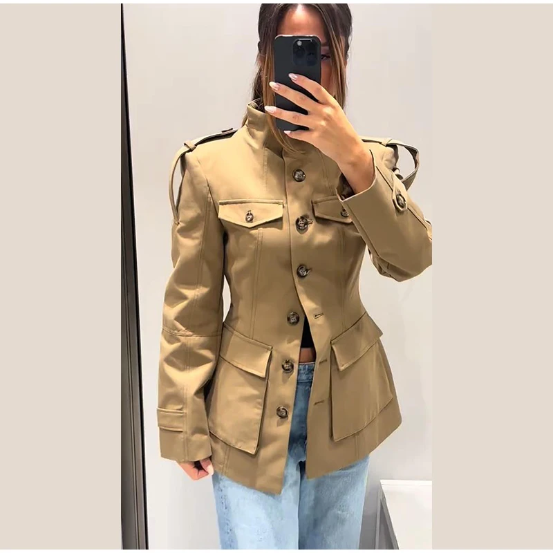 Pocket Stand Collar Long Sleeves Jacket Woman Single Breasted Solid Color Waist Cinching Jackets Versatile Women's New Jackets 10 Se889a548303e4fd59fa54062520cb32f1