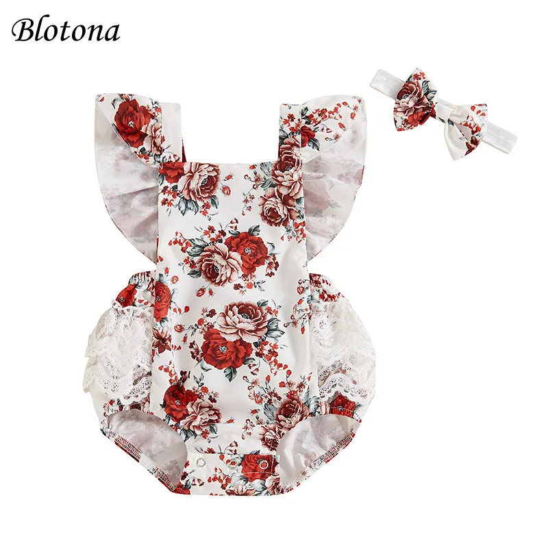 

Blotona Baby Girls Rompers Floral Print Lace Ruffles Fly Sleeve Bodysuits Summer Clothes with Headband 0-18M