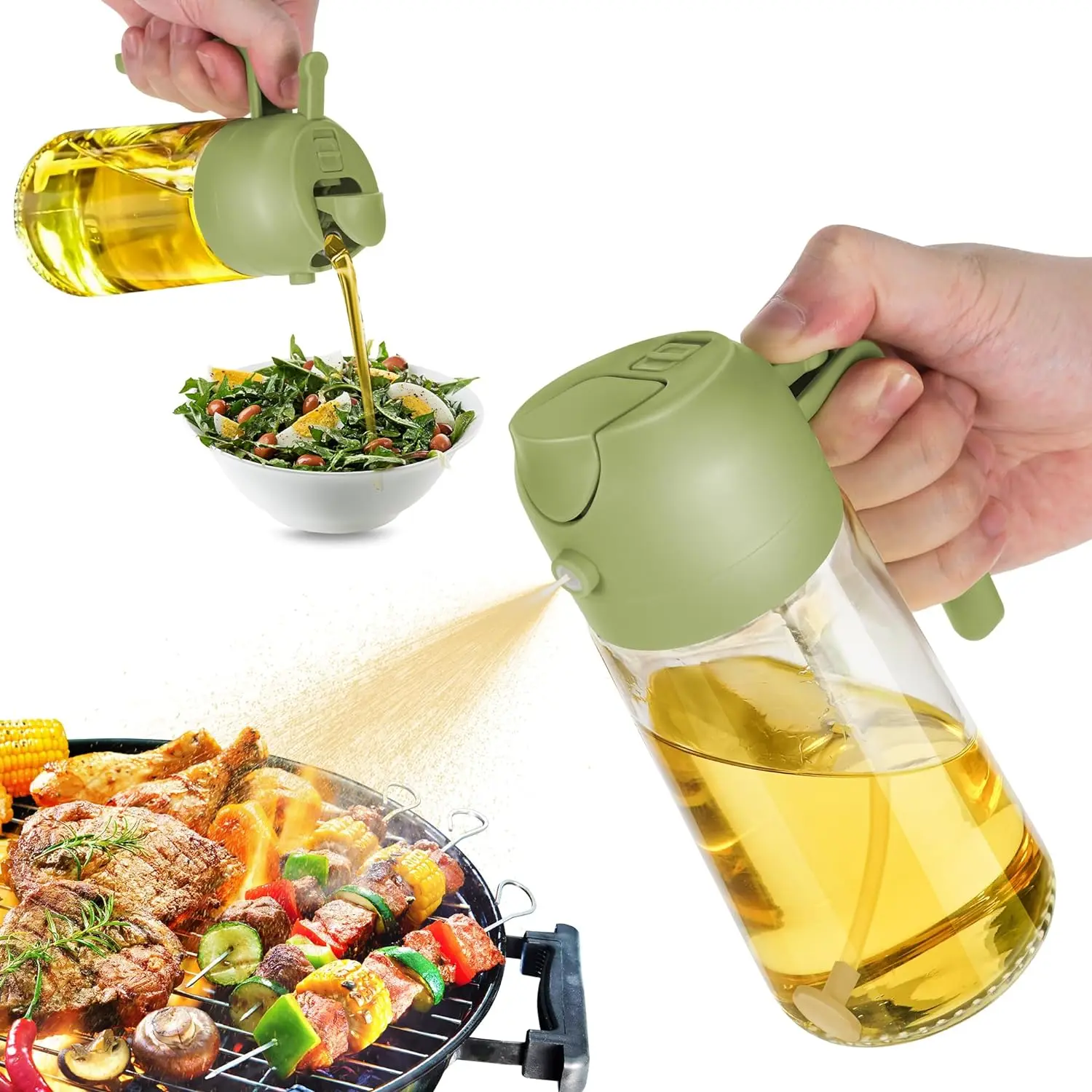 2 In 1 Glass Oil Spray Bottle with Pour Spout Nozzle Olive Dispenser for Camping BBQ Air Fryer Salad Steak Kitchen