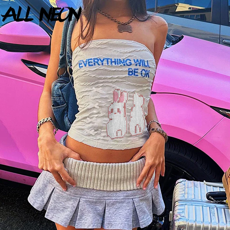 

ALLNeon Y2K Aesthetics Printed Strapless Tupe Top Kawaii Bow Slim Knit Tanks Tops Women Sexy Sleeveless Vest Fairy Street Cloth