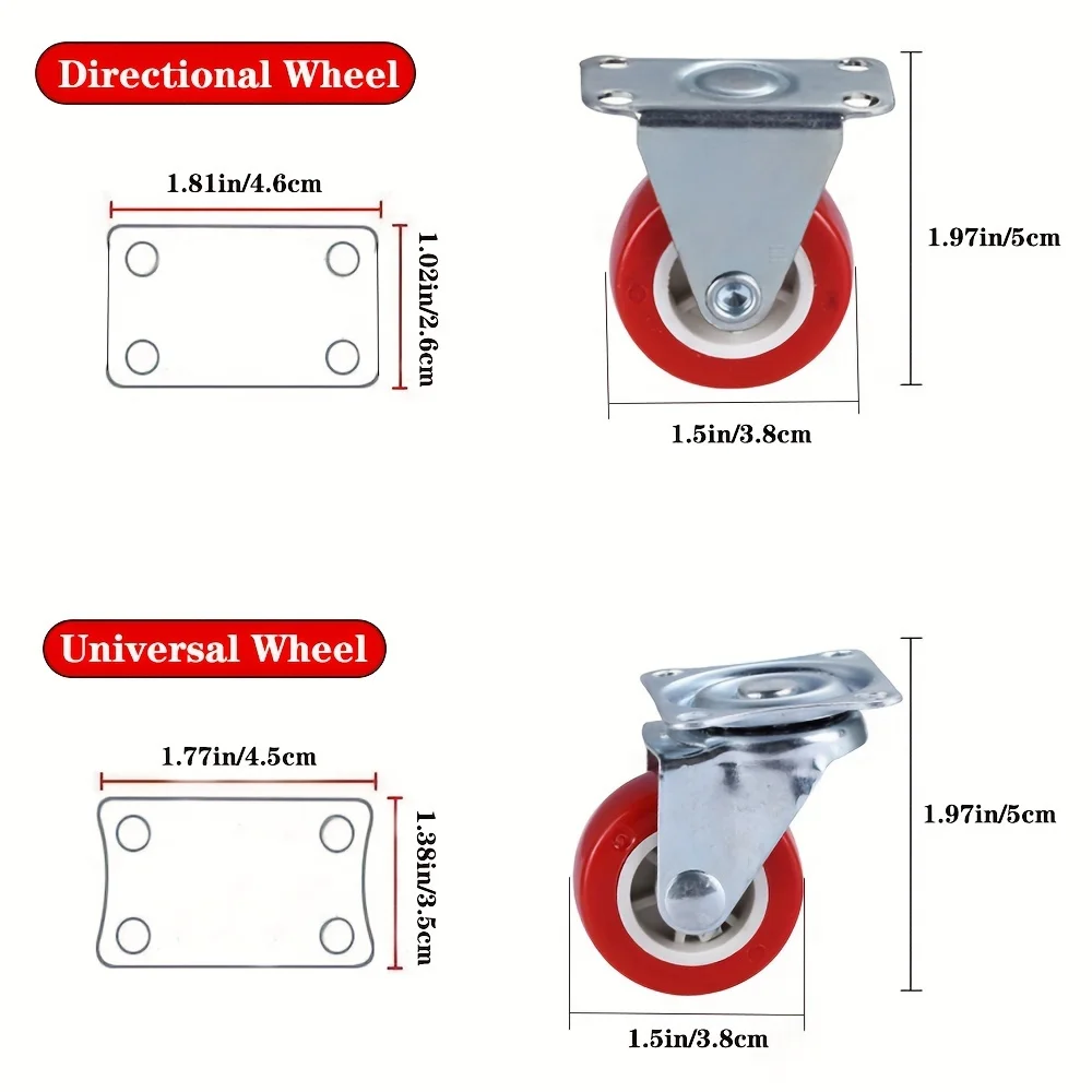 4-Pack PVC 1.97 "Heavy duty universal and directional casters, quiet red rotating wheels, trolley furniture items trolley 3