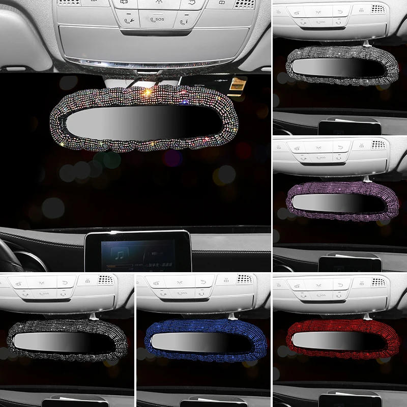 Leather Car Rearview Mirror Cover Charm Crystal Car Mirror Rhinestonecar Decoration Bling Assessoires Interior For Women Rearview Mirror Cover